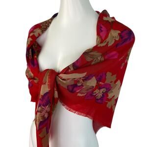 Vintage Square Scarf Wrap Autumn Leaf Acorn Print 47X39" Red Pink Purple Shawl